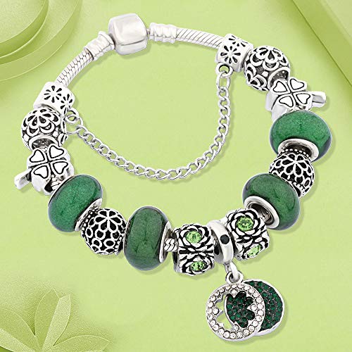 GAOHAILONG Pulsera De Hoja De Flor Verde De Diamante Completo Pulsera De Cuentas De Cristal De Gran Agujero Verde Bosque Profundo Simple Adecuada para Regalo para Novia,21CM