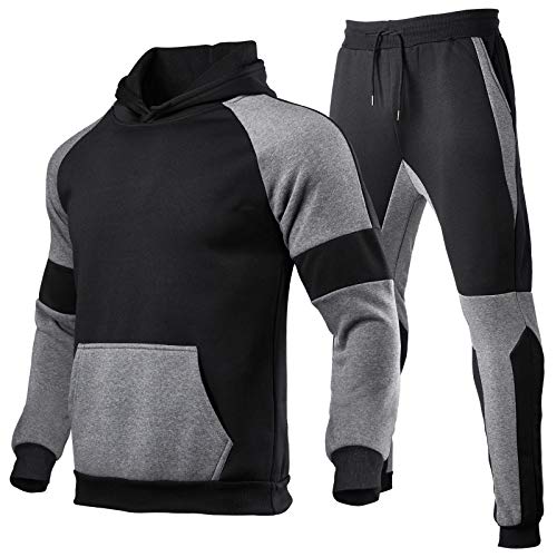 Geagodelia Sudadera deportiva de manga larga para hombre, con capucha, para otoño e invierno, 2 unidades de chándal con cordón de algodón para gimnasio gris oscuro XL