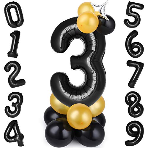 GeeRic globo numero 3, globos numeros gigantes de cumpleaños Globos de colores de látex para niños, bautizos, decoraciones de fiesta de graduación de bodas negro