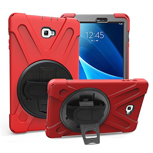 Gerutek Funda Anticaída para Samsung Galaxy Tab A 10.1" 2016 (SM-T580/SM-T585), Carcasa Rugosa con Soporte Rotación, Correa de Mano/Hombro, Funda Antichoque para Galaxy Tab A Tablet 10.1" 2016, Rojo