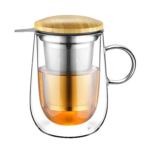 Glastal 430ml Taza de té de vidrio de doble pared con colador de metal Taza de té de vidrio Taza de vidrio