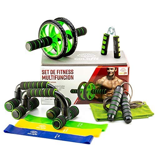 GOLDFIT Set de Rueda Abdominales de Fitness 10 Piezas: Rodillo AB Wheel, Alfombrilla, 2 Barras Flexiones, Prensa de Mano, Cuerda de Salto, Toalla Micro Fibra, 3 Bandas elásticas de Resistencia.