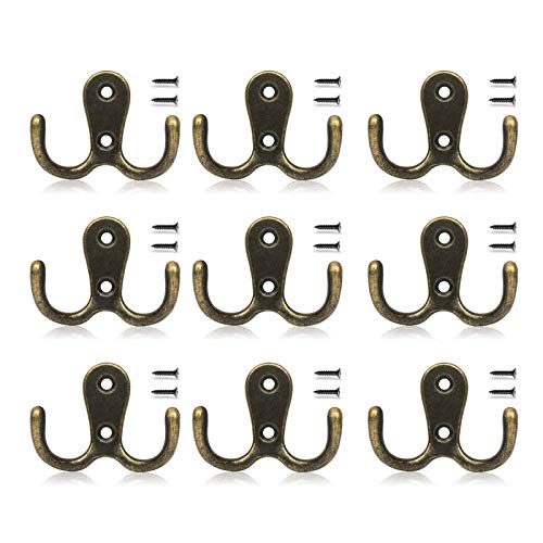 gotyou 10 Piezas Gancho de Metal Vintage,Gancho de Pared,Gancho de Aleación de Zinc Bronce Vintage,Gancho de Decoración y Dormitorio,20 Tornillos(Bronce)