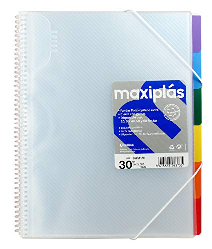 Grafoplás 39834100. Carpeta de 40 Fundas, A4, 6 Separadores de Colores, Transparente, Cierre de Gomas