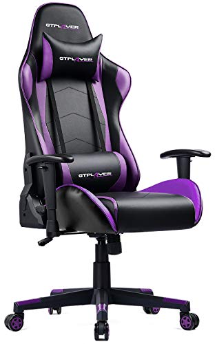 GTPLAYER Silla Gaming Escritorio Oficina Cuero Ordenador Gamer Silla Asiento Engrosado Ergonomica con Cojín Reposabrazos 2D Ajustables Respaldo Reclinable（Púrpura）