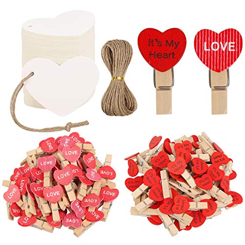 HAKOTOM 100pcs Mini Pinzas Corazón, Clips de Fotos Madera, Mini Pinzas Madera, Rosa Rojo con Cuerda Fotos Colgar y Etiquetas de Corazón Blanca para Día Valentín Fiestas Boda Pedir la Mano.