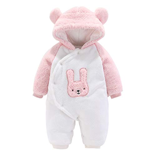 Haokaini - Mono para bebé, pelele, con forro polar, unisex, diseño de osito, algodón, con capucha Blanco y rosa. 9 mes