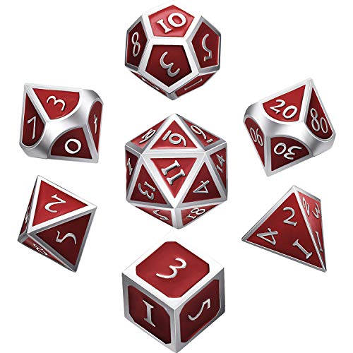 Hestya Juego de Dados de Metal de 7 Piezas Dados Poliédricos de Metal D&D Sólidos con Bolsa de Almacenaje y Aleación de Zinc con Esmalte (Rojo Borde Plateado)