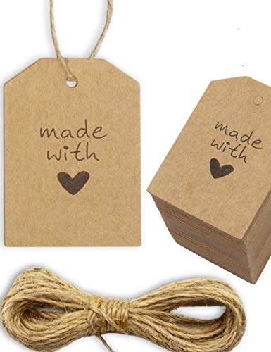 HOMETOOLS.EU® - 100 etiquetas de cartón natural, letrero de papel"Made with Love", etiqueta de regalo, letrero de cartón, 5,5 x 4 cm, con corazón de cuerda de yute de 10 m, marrón, 100x