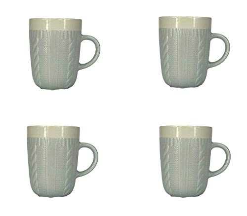 Homevibes Taza Ceramica para Desayuno, Juego de 4 Tazas, Taza para Desayuno, Motivo Tejido, Taza para Té o Cafe, Taza con Relieve Y Borde Blanco (Gris Claro)