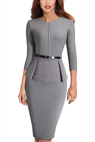 HOMEYEE Negocio Vestido de Mujer Cuello Redondo Peplo Cinturón B473 (EU 44 = Size XXL, Gris)