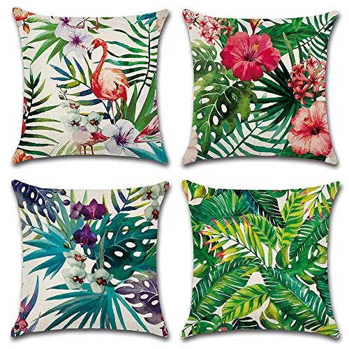 HuifengS - Fundas de cojín cuadradas de lino - decorativas, para sofás o camas - con motivo tropical, de bosque, plantas, juego de 4 fundas de cojín de 45,7 x 45,7 cm