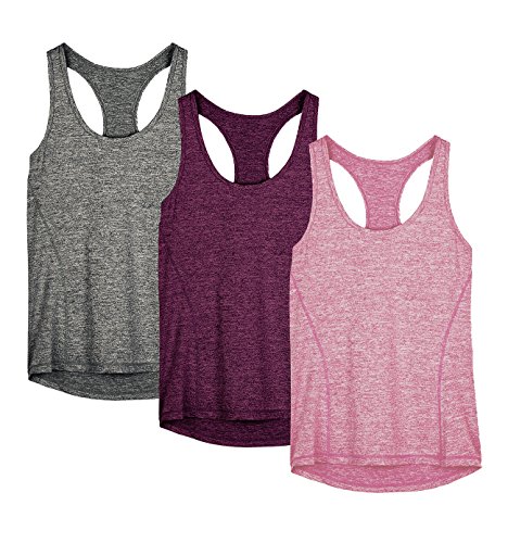 icyzone Camiseta de Fitness Deportiva de Tirantes para Mujer, Pack de 3 (XXL, Carboncillo/Jam/Rosado)