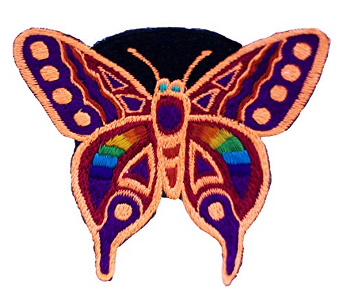 ImZauberwald Parche de mariposa (~ 9 cm de diámetro, UV activo) butterfly patch luz negra brillante para coser Arcoíris rojo. S