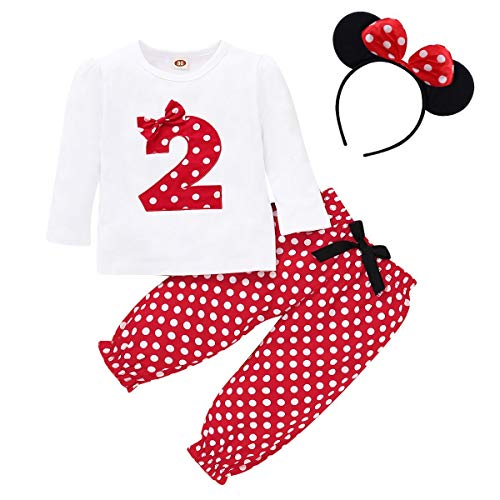 Infantil Bebé Niña 2 Años Cumpleaños Disfraz de Minnie Counjunto de Ropa Camiseta de Manga Larga + Pantalones de Lunares Rojos + Diadema de Oreja de Ratón Fiesta Fotografía Cake Smash Rojo 18-24 meses