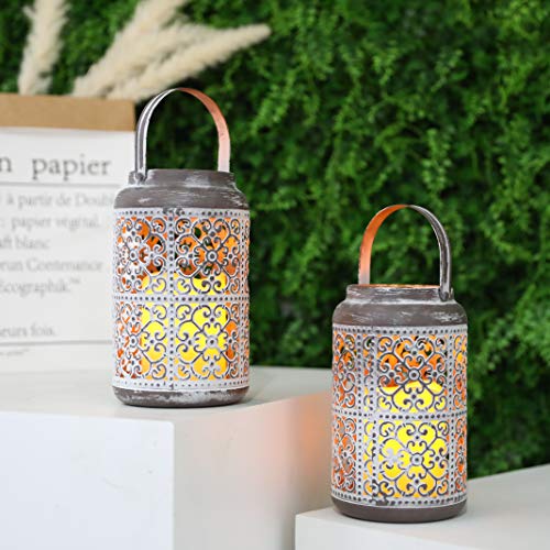 JHY DESIGN Set de 2 Linterna con Vela LED ámbar a Pilas y Asa Metal Lámpara 17cm lampara Exterior Farol de jardín Estilo Vintage para Exterior Iluminación Balcón Jardín Faroles de Decoracion