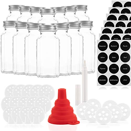 Juego de 14 frascos de especias de 170ml con 21 picos - Frascos de vidrio con capacidad de 170ml - Frascos reutilizables con tapas herméticas - Etiquetas impresas y no impresas - Con alfiler