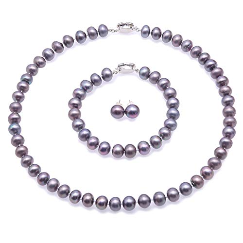 JYX Collar de perlas Collar de perlas, pulsera y pendientes de perlas cultivadas de agua dulce de 9-10mm en color gris
