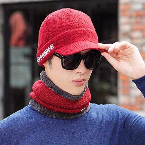 kinfuki Capucha Bufanda Sombrero Conjunto,Conjunto de 2 Baberos de Gorro de Punto, Tapa de lengüeta de Pato (56-60 cm) - Rojo Vino,Bufanda Tejida Set