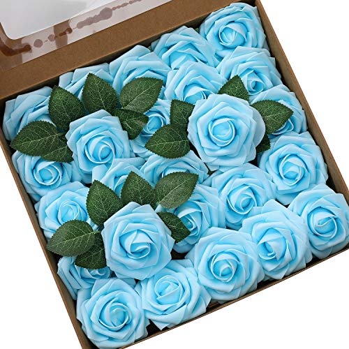 Ksnnrsng Flores Rosas Artificiales Espuma Rosa Falsa para Manualidades, Ramos de Novia, centros de Mesa, Despedidas de Soltera y Decoración del Hogar (25 Piezas, Azul Turquesa)