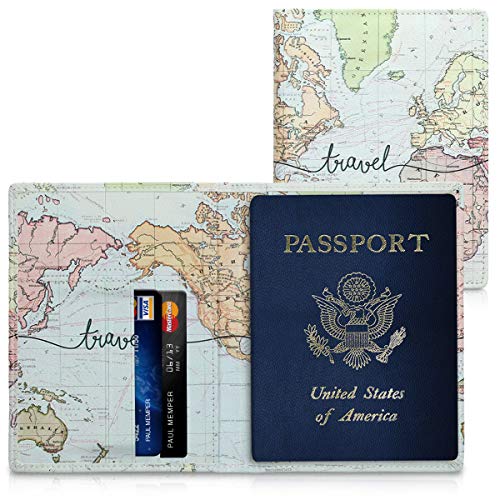 kwmobile Funda para pasaporte de cuero sintético compatible con pasaporte DNI - EStuche con ranuras para tarjetas y mapa mundial