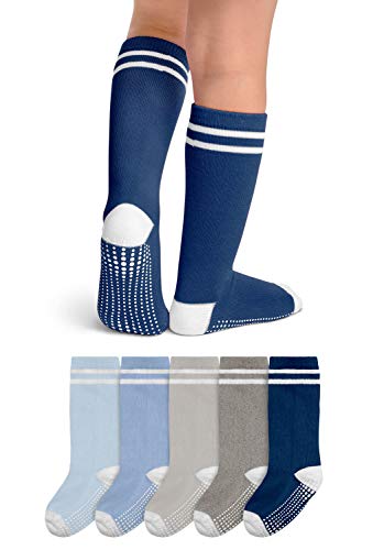 LA Active Calcetines Altos Rodilla Antideslizantes - 5 Pares - para Bebé Niños Niñas Infantil - Algodón (Niños Rayas Atléticas Variedad Multicolor, 6-12 Meses)