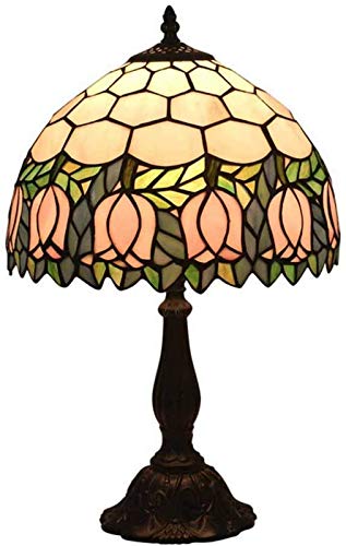 LEIKAS Lámparas de Mesa Vintage, luz de Noche de Vidrio de Estilo Tiffany con Flor de tulipán de 12 Pulgadas, Regalo Hecho a Mano, Base Antigua para Sala de Estar, Dormitorio