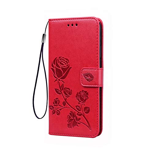 LEYAN Funda para Xiaomi Redmi 9C NFC Funda, Leather Folio Carcasa con Billetera, Flor Rosa 3D, Magnética Premium TPU/PU Cuero FILP Case Cover con Soporte/Tapa Tarjetas, Rojo
