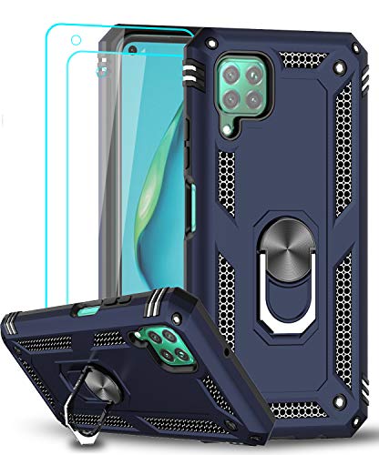 LeYi Funda Huawei P40 Lite con [2-Unidades] Cristal Vidrio Templado,Armor Carcasa con 360 Grados Anillo iman Soporte Hard PC Silicona TPU Bumper Antigolpes Case para Movil P40 Lite,Azul