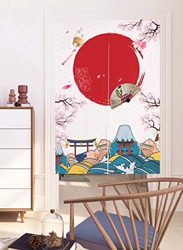 LIGICKY Noren Cortina para puerta estilo japonés de lino y algodón Fuji Mountain con sol rojo y rosa flor de cerezo para decoración del hogar, 85 x 119 cm