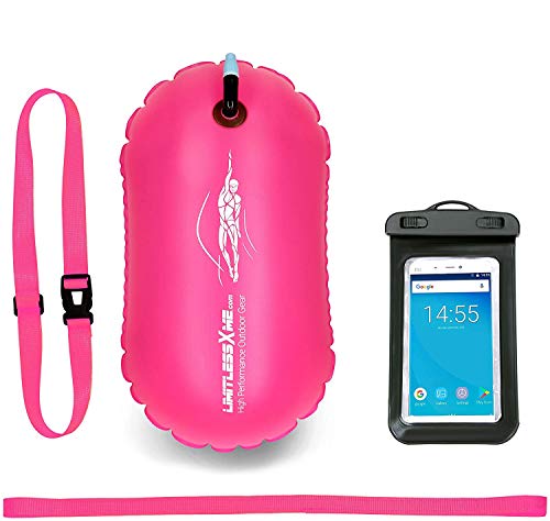 LimitlessXme Boya De Natación Rosa con Funda para Móvil. Visibilidad y Seguridad al Nadar en el mar y en el Lago. Swim Buoy Inflable para Aguas Abiertas