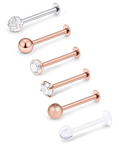 Mayhoop 6Piezas 16G Piercing Oreja Tragus Helix Acero Quirúrgico Oro Rosa Bola Zircón Labio Labret Studs Anillo de Labios Daith Cartílago Mujer Hombre Joyería de Piercing