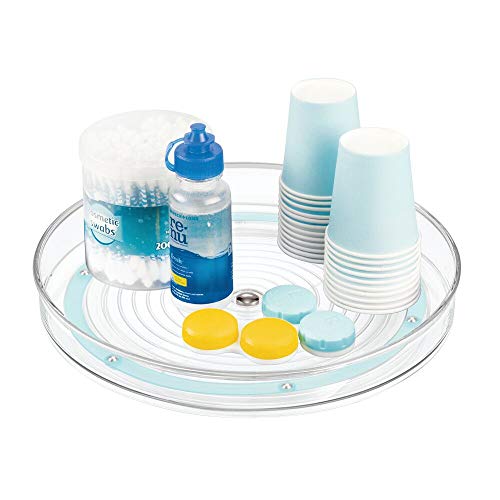 mDesign Plataforma giratoria para cosméticos – Elegante Organizador de Maquillaje Redondo para lociones y medicamentos – Base giratoria Redonda en plástico y Acero Inoxidable – Transparente/Azul