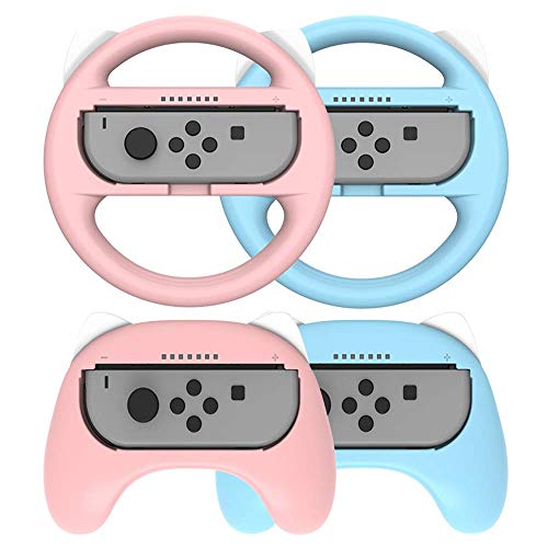 MEOWSTER Nintendo Switch Grip Kit para Nintendo Switch Controller Joy-Con Racing Switch Volante, compatible con Joy Con – Paquete de 4 empuñaduras de juego para niños familia (azul y rosa)