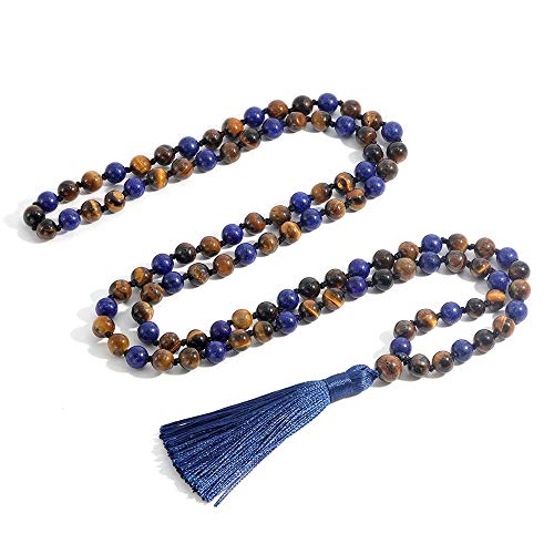 Minekkyes Japa Mala, Collares De Cuentas, 8Mm, Piedra De Ojo De Tigre Natural 108 para Mujeres, Niñas, Yoga, Borla, Collar Largo, Joyería para Hombres, 108 Cm