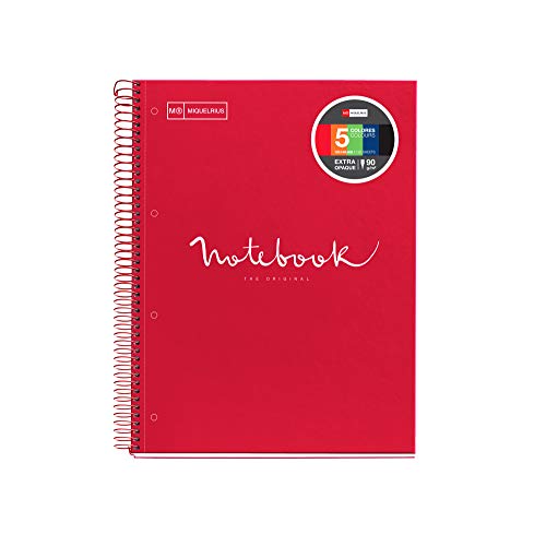 Miquel Rius 49942 - Cuaderno Espiral Microperforado, Cubierta Cartón Extraduro, Tamaño A5 148 x 210 mm, 2 taladros, 120 Hojas de 90 g/m² y 5 Franjas de Color, Rayado Horizontal de 7 mm, Color Rojo