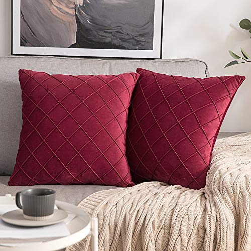 MIULEE 2 Piezas Funda de Cojines Terciopelo Suave Color Sólido Funda de Almohada con Cremallera Oculta Moderna Duradera Decorativa para Habitacion Sofá Dormitorio Sala de Estar 45x45cm Vino Rojo