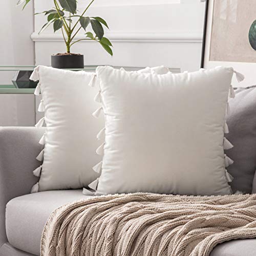 MIULEE Pack de 2 Terciopelo Funda de Borla Sofa Cojine Fundas Almohada del Throw Cojines Decoracion Caso de la Cubierta Decorativo Almohadas para Sala de Estar 20x20inch 50x50cm Blanco Puro