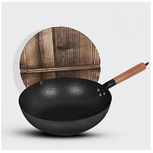 MoCa Factory Wok de hierro fundido con tapa de madera, 30,48 cm de diámetro y mango de madera grande, sartén para mezclar