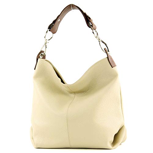 modamoda de - ital bolsa de hombro/hombro hecha de cuero T168, Color:Cremebeige/Schokobraun