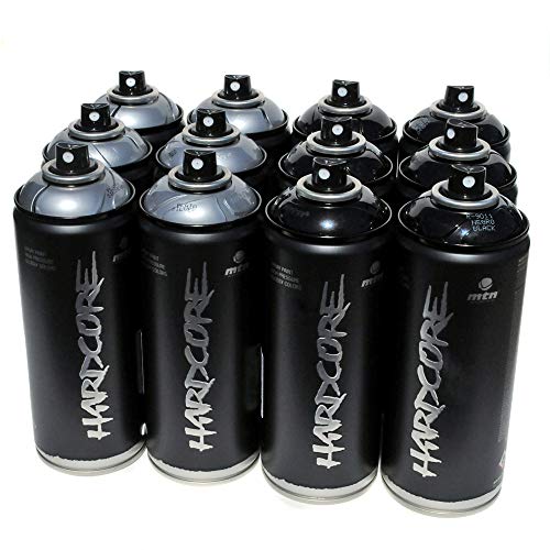 MTN Hardcore 2 - Juego de 12 pinturas en aerosol para graffiti mural de arte callejero (400 ml), color negro y plateado