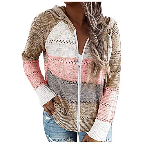 Mujer Blusa de Rebeca - Suéter de Punto con Capucha de Manga Larga con Labor de Retazos Tops Chaqueta Sueltos Blusas con Cremallera Jersey Moda Sudadera Grande Invierno Hoodie S-3XL