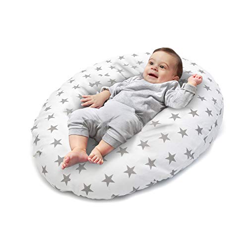 Niivetto Almohada Embarazo Dormir y Cojin Lactancia Bebe XXL Funda 100% Algodon Desenfundable y Lavable Relleno de Fibra Hueca Poliester Siliconado by Niimo (Blanco - Estrella Gris)