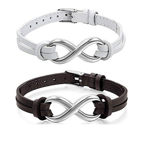 OIDEA Pulsera de Piel para Mujer Hombre 2 Unidades Símbolo Infinito Color Blanco y Marrón Acero Inoxidable Cuero Ajustable Regalo San Valentin