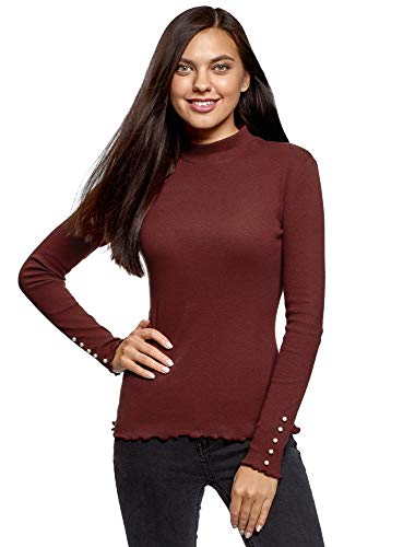 oodji Ultra Mujer Suéter Básico de Cuello Alto de Algodón, Rojo, ES 42 / L