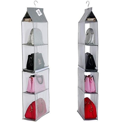 Organizador de armario ropero para colgar compuesto por 4 compartimentos desmontables, transparentes, ahorro de espacio, para uso en hogar, salón, dormitorio (paquete de 2, color gris)