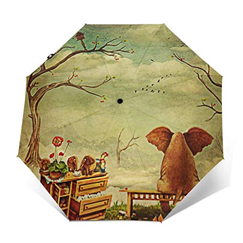 Paraguas Plegable Automático Impermeable Banco de Asiento de Elefante pensativo, Paraguas De Viaje Compacto a Prueba De Viento, Folding Umbrella, Dosel Reforzado, Mango Ergonómico