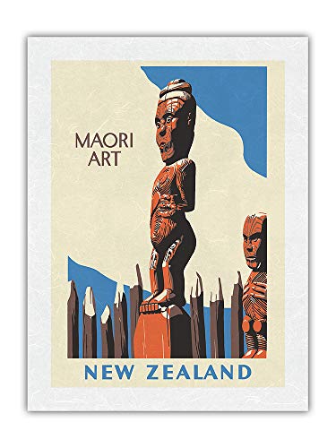 Póster vintage de Marcus King c.1940 con estatuas de madera talladas de Nueva Zelanda y arte maorí de papel de arroz de Unryu, 45,7 x 60,9 cm