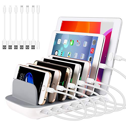 PRITEK Estación de Carga USB 60W/12A 7 Puertos Estación de Carga de Escritorio para Múltiples Dispositivos con 6 Puertos USB Ai + 1 Puerto USB-C con 7 Cables USB (Blanco)