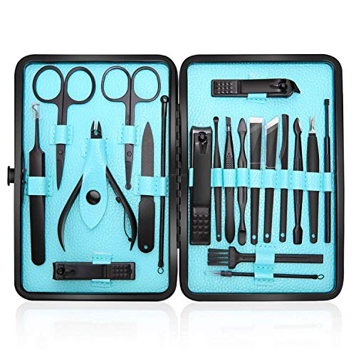 Profesional Cortaúñas Acero Inoxidable Grooming Kit - Set de 20 Piezas para Manicura y Pedicura Limpiador Cutícula con Bonita Caja (Azul)